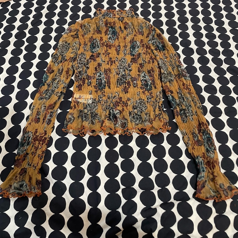 Free People Mesh Floral Ruffle Long Sleeve Top, Sz Small - Picture 6 of 8